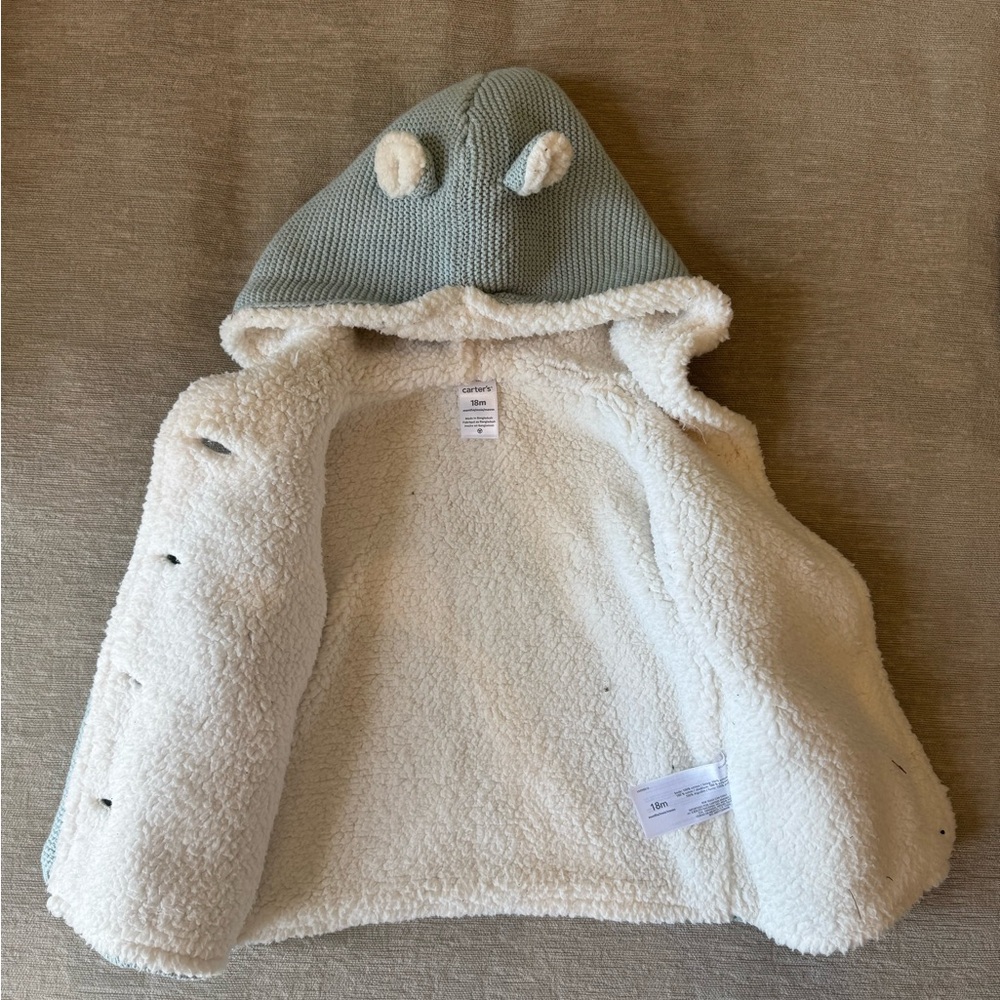 Carter’s Baby Boy Girl Sherpa Lined Knit Hoodie Jacket 18M – Blue Button Up Coat - Picture 5 of 8
